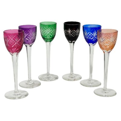 Small Bohemian Colored Crystal Liqueur Glasses, Set of 6-UCH-1224131