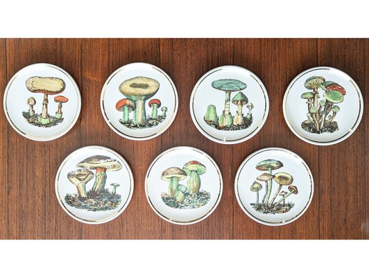 Small Ceramic Coaster with Mushrooms by Bucciarelli, Milano, 1950s, Set of 7-RD-2032118