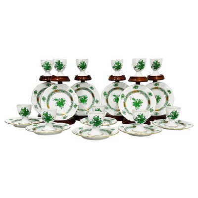 Small Chinese Porcelain Apponyi Green Bouquet Egg Cups and Plates from Herend Hungary, Set of 24-UCH-1224307