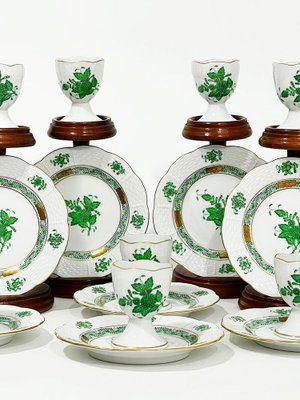 Small Chinese Porcelain Apponyi Green Bouquet Egg Cups and Plates from Herend Hungary, Set of 24-UCH-1224307