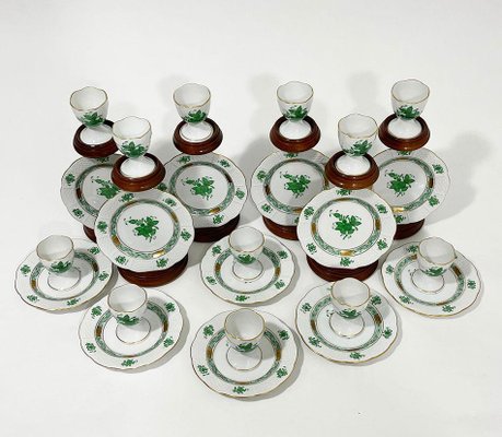 Small Chinese Porcelain Apponyi Green Bouquet Egg Cups and Plates from Herend Hungary, Set of 24-UCH-1224307