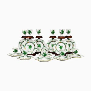 Small Chinese Porcelain Apponyi Green Bouquet Egg Cups and Plates from Herend Hungary, Set of 24-UCH-1224307