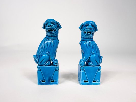 Small Chinese Turquoise Glazed Ceramic Foo Dog Figurines on Plinths, 1960s, Set of 2-JP-1794443