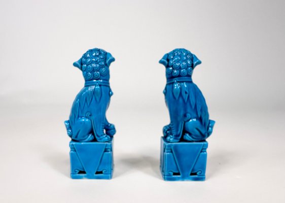 Small Chinese Turquoise Glazed Ceramic Foo Dog Figurines on Plinths, 1960s, Set of 2-JP-1794443