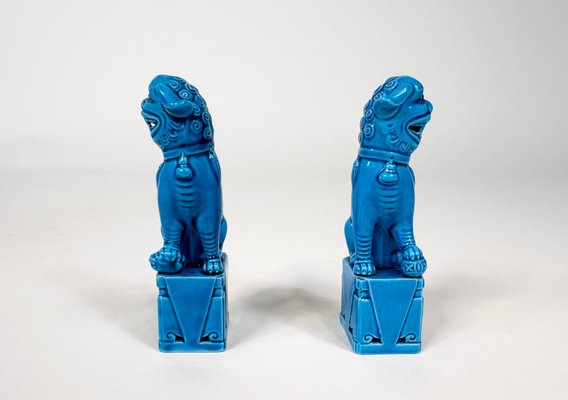 Small Chinese Turquoise Glazed Ceramic Foo Dog Figurines on Plinths, 1960s, Set of 2-JP-1794443