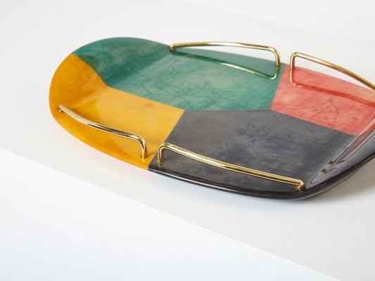 Small Goatskin & Brass Serving Tray by Aldo Tura for Macabo Milanino, 1960s-YJA-1393240