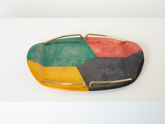 Small Goatskin & Brass Serving Tray by Aldo Tura for Macabo Milanino, 1960s-YJA-1393240