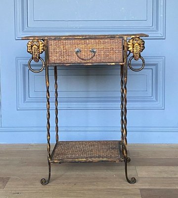 Small Golden Metal Rattan Trolley with Drawer, 1970s-QKG-1357868