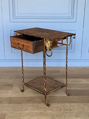 Small Golden Metal Rattan Trolley with Drawer, 1970s-QKG-1357868