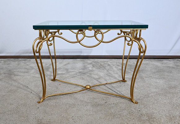 Small Golden Wrought Iron and Glass Table in the style of Drouet Spirit, 1970s-RVK-1703187