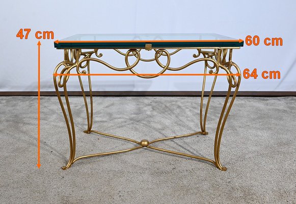 Small Golden Wrought Iron and Glass Table in the style of Drouet Spirit, 1970s-RVK-1703187