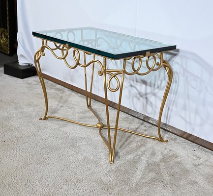 Small Golden Wrought Iron and Glass Table in the style of Drouet Spirit, 1970s-RVK-1703187