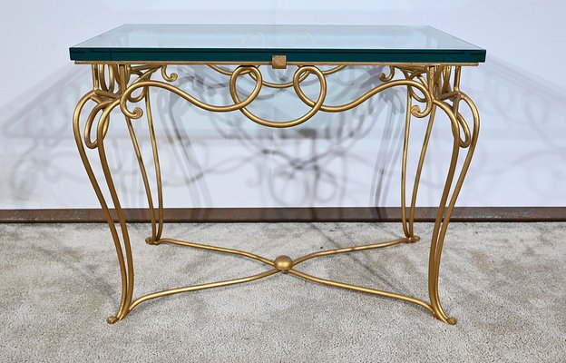 Small Golden Wrought Iron and Glass Table in the style of Drouet Spirit, 1970s-RVK-1703187