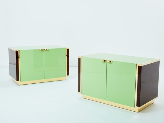 Small Green Lacquer and Brass Cabinets by J.C. Mahey, 1970s, Set of 2-YJA-1787026