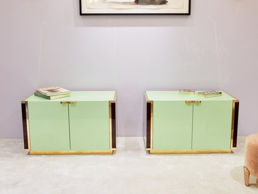 Small Green Lacquer and Brass Cabinets by J.C. Mahey, 1970s, Set of 2-YJA-1787026