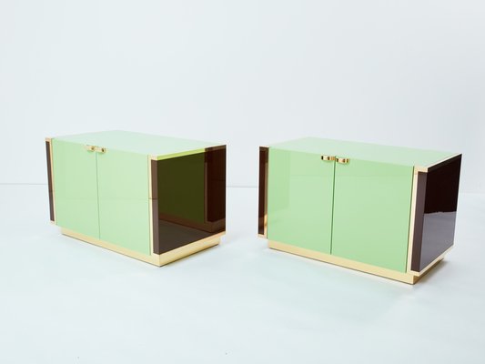 Small Green Lacquer and Brass Cabinets by J.C. Mahey, 1970s, Set of 2-YJA-1787026