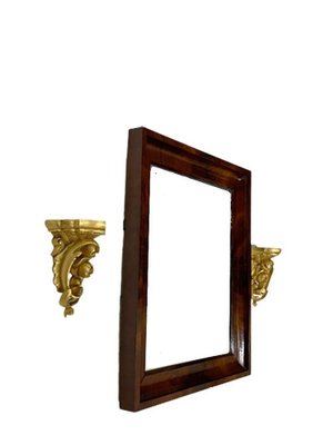 Small Mahogany Mirror with Gilt Wood Rocaille Scroll Wall Brackets, Set of 3-UCH-1224195