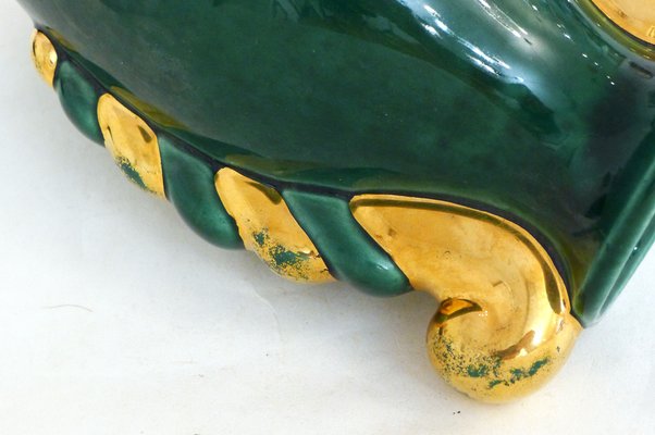 Small Mid-Century Amphora Form Vase in Green & Gold Earthenware by Poët Laval, France, 1950s-RNR-1719402