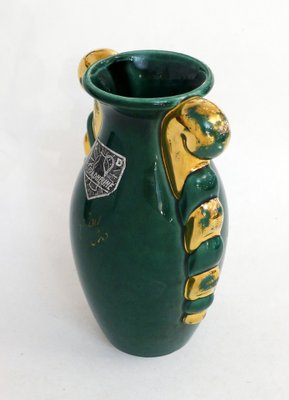 Small Mid-Century Amphora Form Vase in Green & Gold Earthenware by Poët Laval, France, 1950s-RNR-1719402