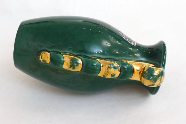 Small Mid-Century Amphora Form Vase in Green & Gold Earthenware by Poët Laval, France, 1950s-RNR-1719402