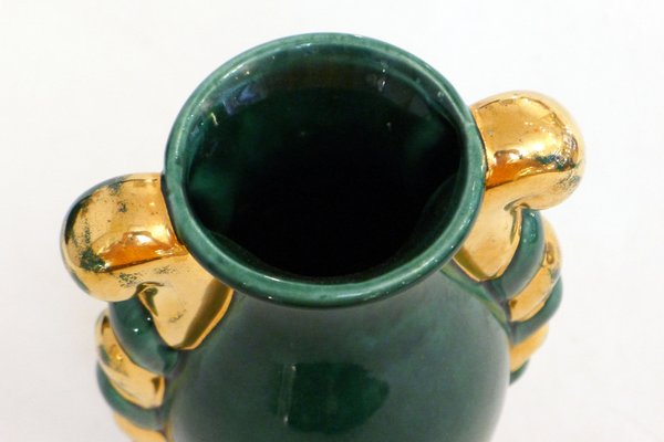 Small Mid-Century Amphora Form Vase in Green & Gold Earthenware by Poët Laval, France, 1950s-RNR-1719402