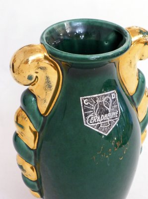 Small Mid-Century Amphora Form Vase in Green & Gold Earthenware by Poët Laval, France, 1950s-RNR-1719402