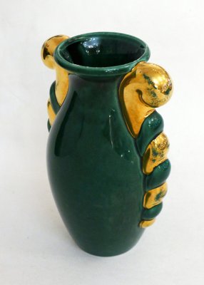 Small Mid-Century Amphora Form Vase in Green & Gold Earthenware by Poët Laval, France, 1950s-RNR-1719402