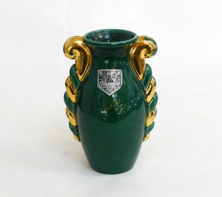 Small Mid-Century Amphora Form Vase in Green & Gold Earthenware by Poët Laval, France, 1950s-RNR-1719402