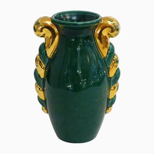 Small Mid-Century Amphora Form Vase in Green & Gold Earthenware by Poët Laval, France, 1950s-RNR-1719402