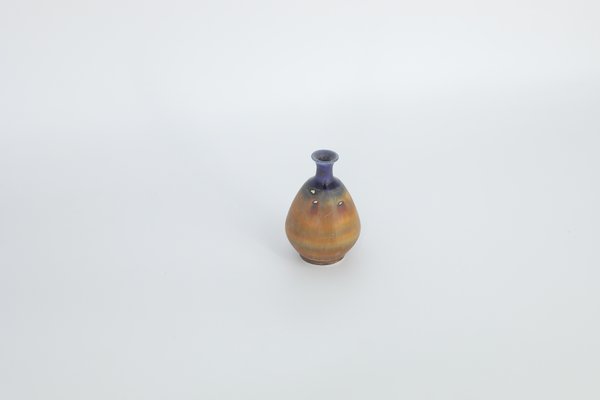 Small Mid-Century Scandinavian Modern Collectible Blue & Brown Stoneware Vase by Gunnar Borg for Höganäs Keramik, 1960s-ZAA-1784316