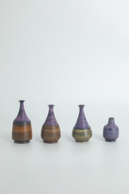 Small Mid-Century Scandinavian Modern Collectible Brown & Purple Stoneware Vases by Gunnar Borg for Gunnars Keramik Höganäs, 1960s, Set of 4-ZAA-1802212