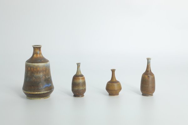 Small Mid-Century Scandinavian Modern Collectible Brown Stoneware Vases by Gunnar Borg for Höganäs Ceramics, 1960s, Set of 4-ZAA-1802093