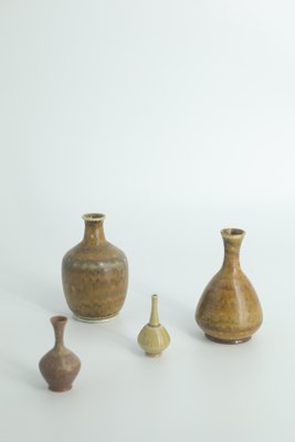 Small Mid-Century Scandinavian Modern Collectible Brown Stoneware Vases by Gunnar Borg for Höganäs Ceramics, 1960s, Set of 4-ZAA-1795652