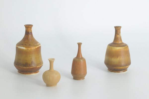 Small Mid-Century Scandinavian Modern Collectible Brown Stoneware Vases by Gunnar Borg for Höganäs Ceramics, 1960s, Set of 4-ZAA-1802856