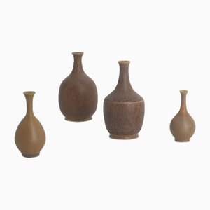 Small Mid-Century Scandinavian Modern Collectible Brown Stoneware Vases by Gunnar Borg for Höganäs Ceramics, 1960s, Set of 4-ZAA-1795623