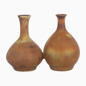 Small Mid-Century Scandinavian Modern Collectible Double Brown Stoneware Vases by Gunnar Borg for Höganäs Keramik, 1960s, Set of 2-ZAA-1784427