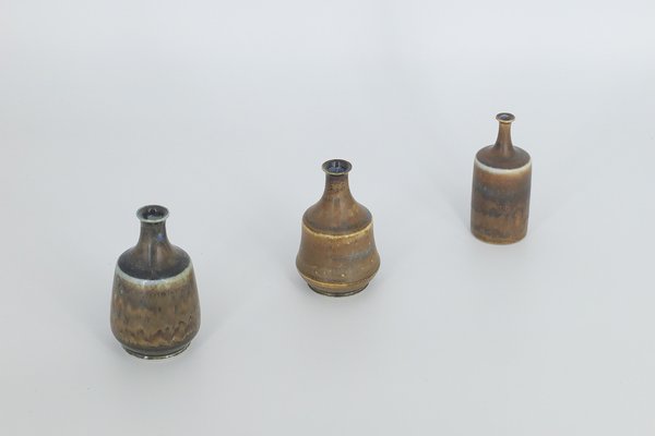 Small Mid-Century Scandinavian Modern Earthy Brown Stoneware Vases by Gunnar Borg for Höganäs Ceramics, 1960s, Set of 3-ZAA-1794311