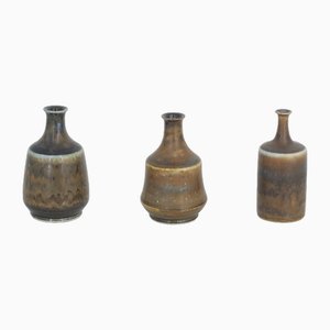 Small Mid-Century Scandinavian Modern Earthy Brown Stoneware Vases by Gunnar Borg for Höganäs Ceramics, 1960s, Set of 3-ZAA-1794311