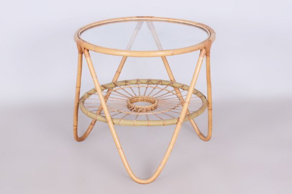 Small Mid-Century Table in Rattan & Glass by Alan Fuchs for Uluv, Former Czechoslovakia, 1940s-WHY-1723699