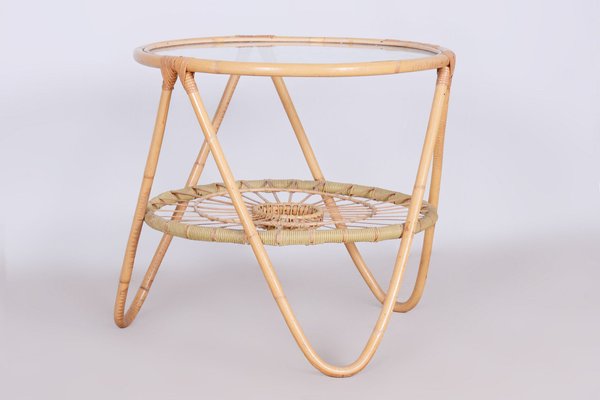 Small Mid-Century Table in Rattan & Glass by Alan Fuchs for Uluv, Former Czechoslovakia, 1940s-WHY-1723699