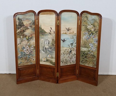 Small Painted Silk & Solid Walnut Screen, 1900-RVK-1186352