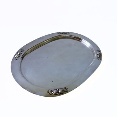 Small Silver Plated Oval Tray with Embossed Flower Pattern, Sweden-JKV-2023250