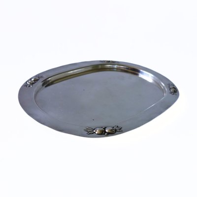 Small Silver Plated Oval Tray with Embossed Flower Pattern, Sweden-JKV-2023250