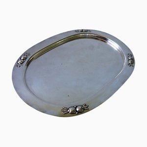 Small Silver Plated Oval Tray with Embossed Flower Pattern, Sweden-JKV-2023250