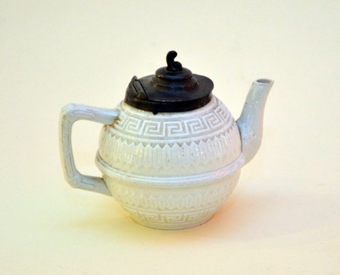 Small Victorian Salt Glazed White Ironstone Teapot with Pewter Lid, 1860s-YNA-789952