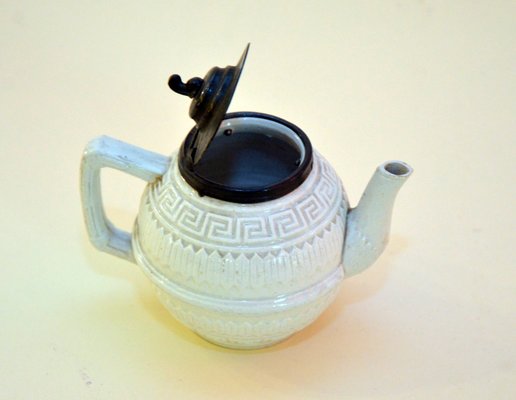 Small Victorian Salt Glazed White Ironstone Teapot with Pewter Lid, 1860s-YNA-789952