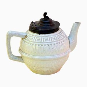 Small Victorian Salt Glazed White Ironstone Teapot with Pewter Lid, 1860s-YNA-789952