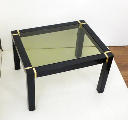 Small Vintage Coffee Table in Black Lacquered Wood & Gold Metal, Smoked Glass Tray, 1970s-RNR-1794663