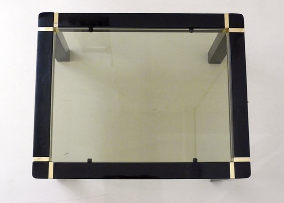 Small Vintage Coffee Table in Black Lacquered Wood & Gold Metal, Smoked Glass Tray, 1970s-RNR-1794663