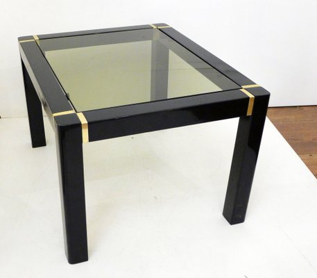 Small Vintage Coffee Table in Black Lacquered Wood & Gold Metal, Smoked Glass Tray, 1970s-RNR-1794663